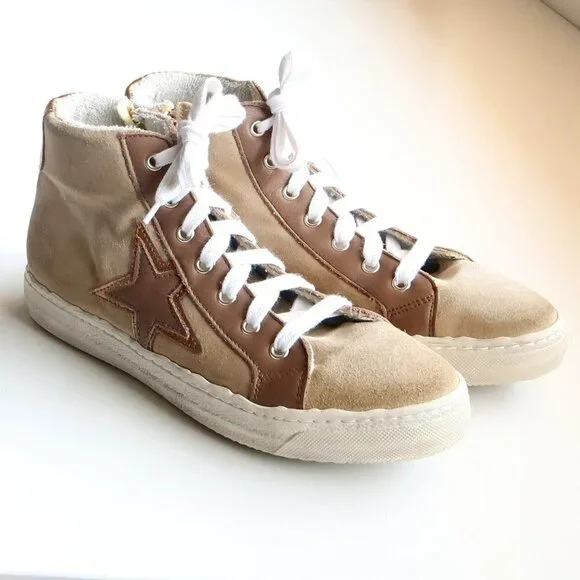 The Shoe Box Beige Suede & Brown Leather High Top Sneakers Lace-up w Star 8.5 - Picture 3 of 16
